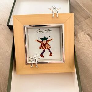 RARE NIB Christofle Folletto Picture Photo Frame Wood & 2 Sitting Silver Clowns